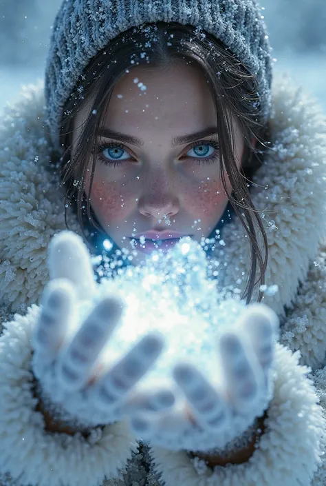 A feminine version of sub-zero covered in snow and ice, casting a gust of ice and snow through the hands, the eyes are deep, lum...
