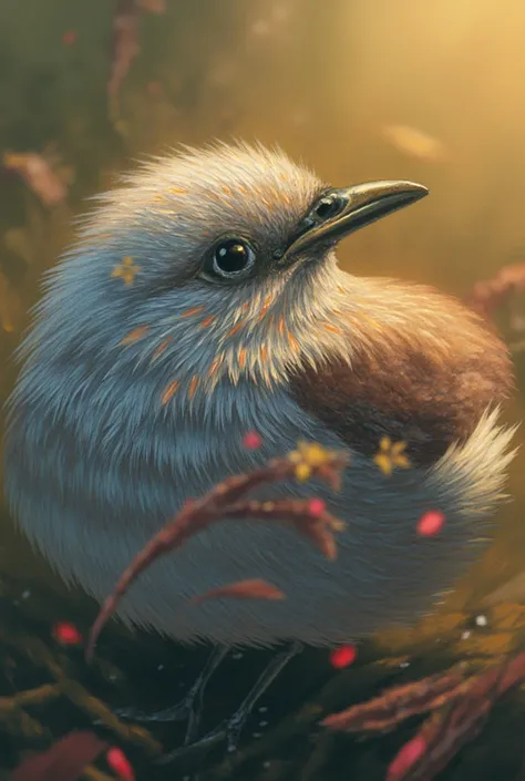 A mesmerizing portrait in the foreground of a beautiful little bird illuminated by the soft golden light of a quiet morning, wit...