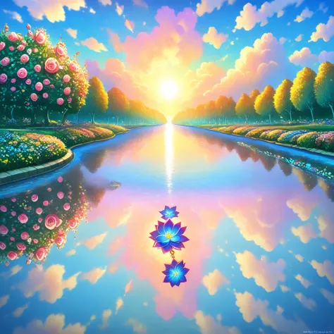 baptism,Baptism,Garden of Eden,Colorful,Dreamy landscape, cloud, light piercing through the cloud, Reflection on the surface of ...