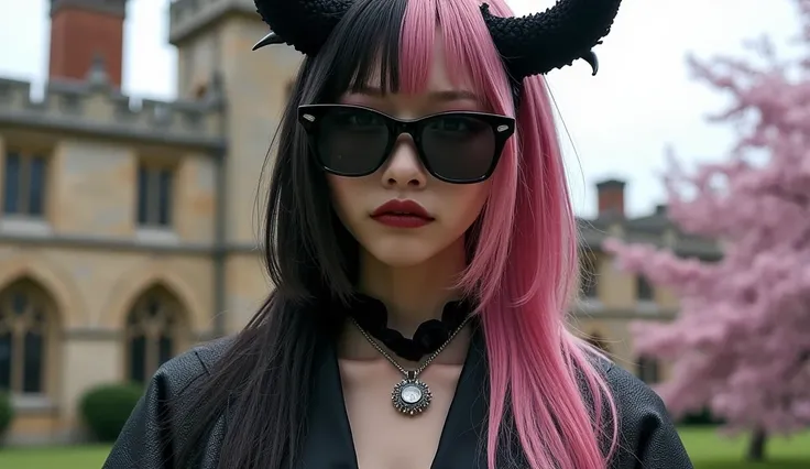 profile、sunglasses、looking out from an old English castle、Scenery with cherry blossoms、half of the hair is pink and half is blac...