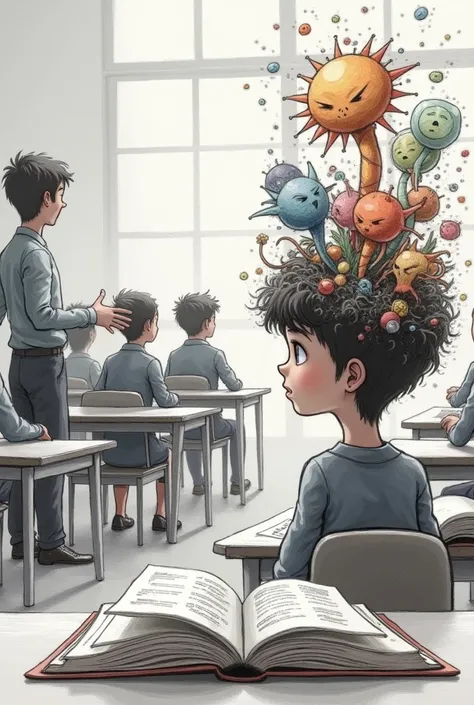 create a drawing of A in a gray and monotonous classroom from a tall perspective, receiving information from a teacher while hi...