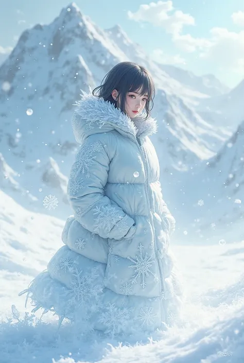 A picture of a girl wearing a down coat whose body has turned to ice and solidified, buried in snow anime-style