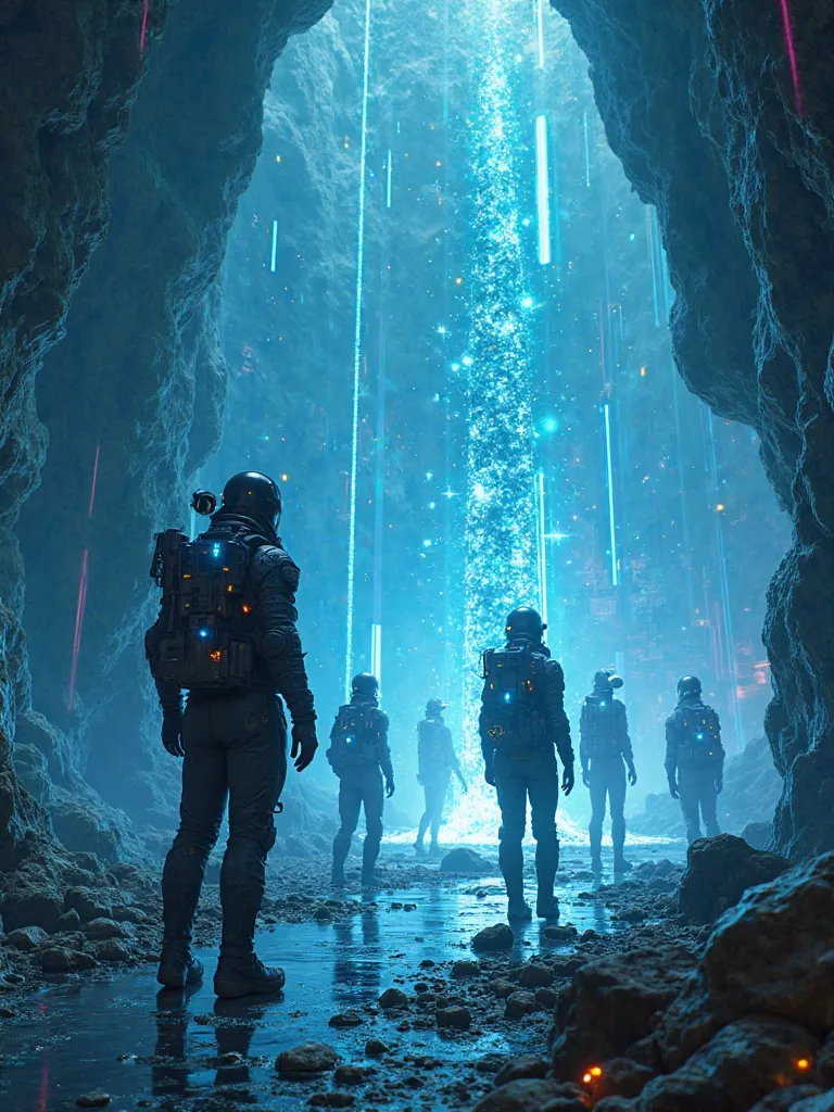 A hyperrealistic, ultra-HD depiction of a futuristic exploration team in a cybernetic underworld. The team wears sleek, high-tec...