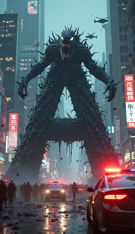A hyper-realistic 3D letter 'A' transformed into a Venom symbiote creature, with glowing white eyes, sharp teeth, and a glossy b...