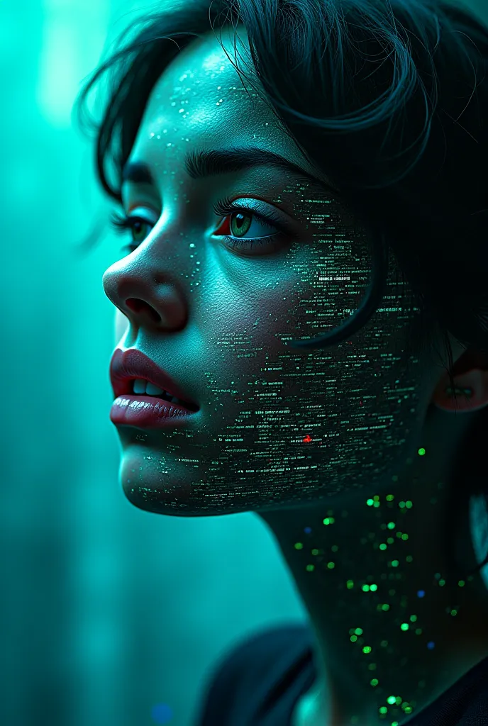 abstract portrait, digital soul, pixels and glyphs, neon blue and green, glitch effects, fragmented composition, computer graphi...