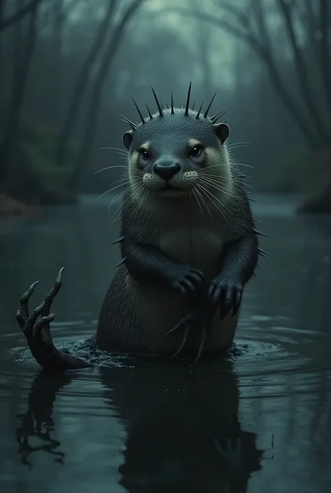 Malignant otter, with thorns on the back, At the tip of the tail there is a macabre hand, Inside a dark lake at night (only half...