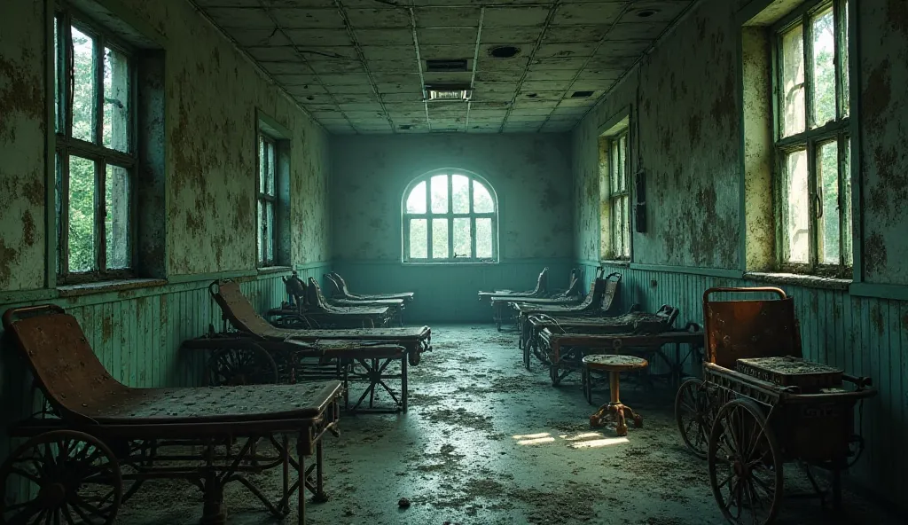 "An old, abandoned hospital. Moss-covered walls, broken window panes, and dust-covered floors. Rusty wheelchairs and stretchers ...