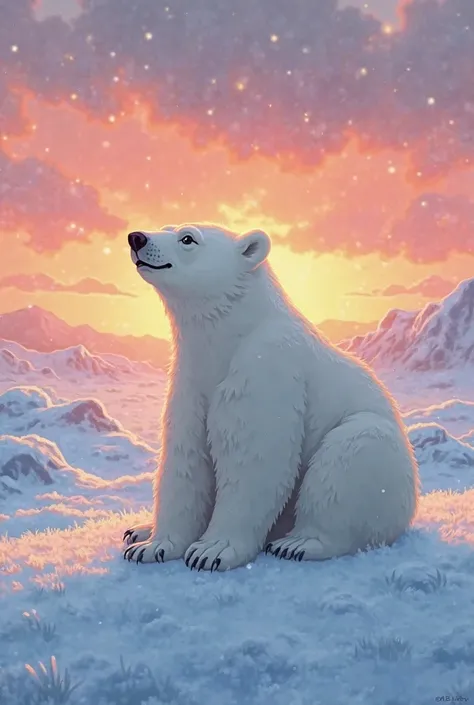 I want you to generate an image of a polar bear that is in a snowy environment but that is slightly hit by the sun's rays at sun...