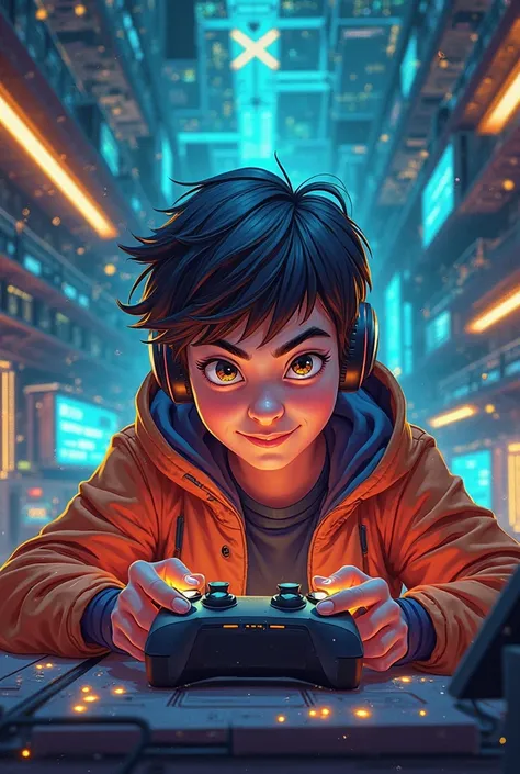 Gamer cartoon with dark blue and gold colors