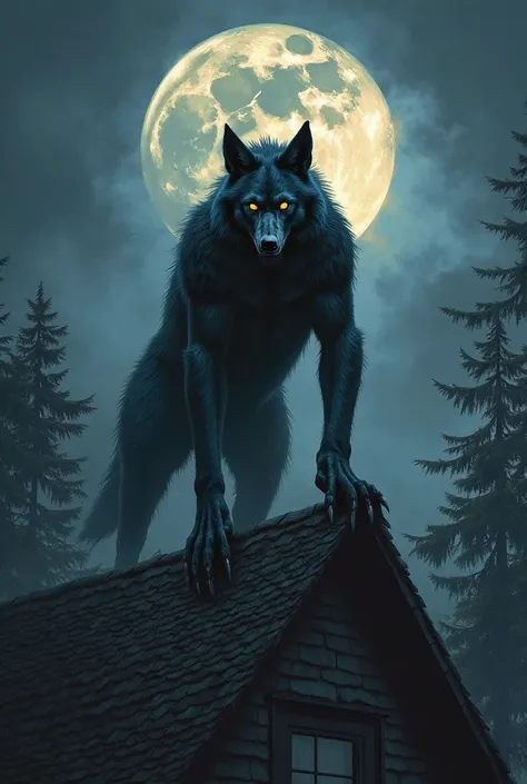 (detailed dark werewolf standing on two feet, on top of a roof of an old house),(Best Quality, Ultra-detailed, photorealistic: 1...