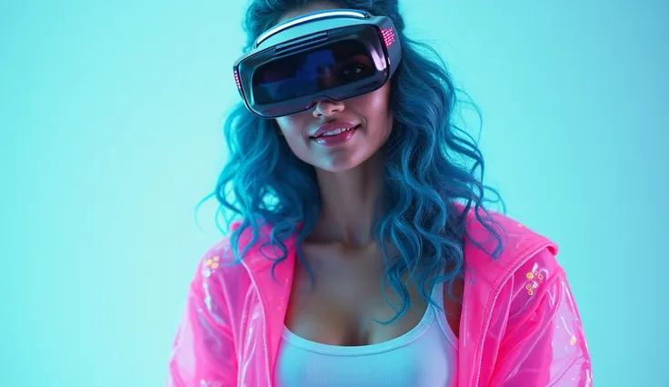 best quality, 8k.
beautiful young Sexy Priyanka Chopra, Wavy blue hair, greeneyes.
Uses a large headset with pink LED light.
S...