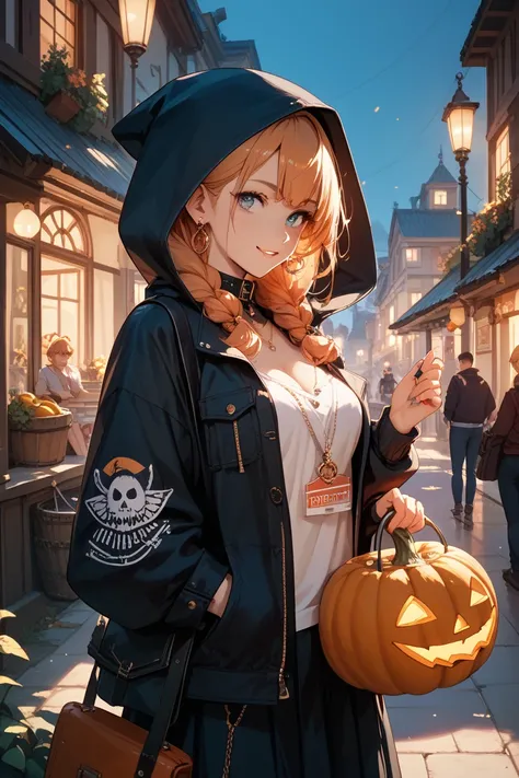Pumpkin-headed character wearing a hood