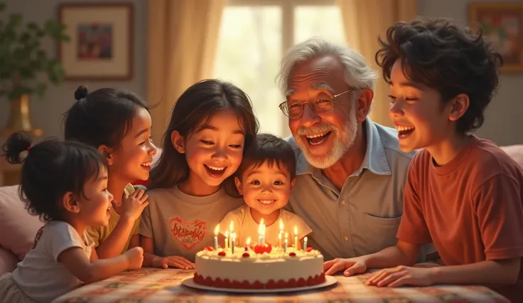 The whole family laughs together, the yellow light makes the space warmer. Baby Bin is happy, smiles when everyone celebrates th...