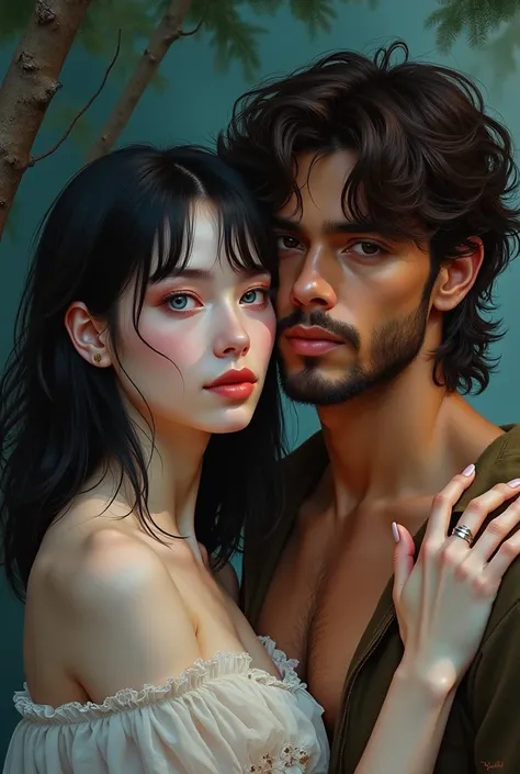 Now draw me two men. One with shoulder length black hair, pale skin, blue eyes, and light pink lips. The other Hispanic, with br...