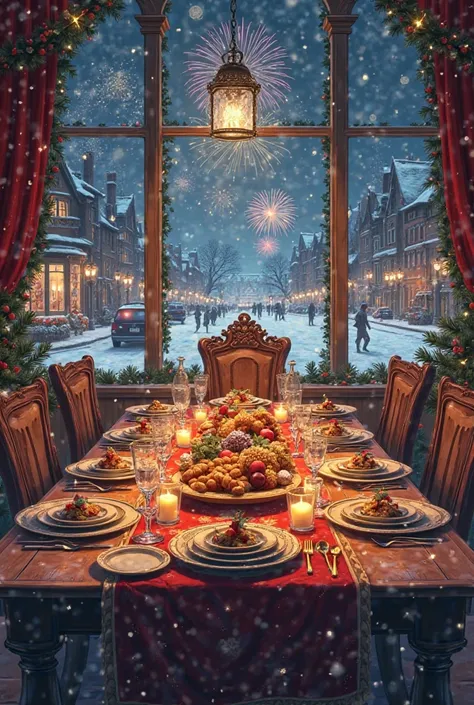 Please generate a picture of a family table with a feast in early night, draw windows with snow, and streets with Christmas deco...