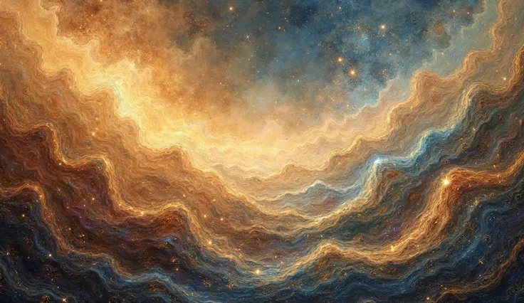 An abstract representation of sound waves and light, where vibrant yet muted hues of gold, brown, and blue form a harmonious ble...