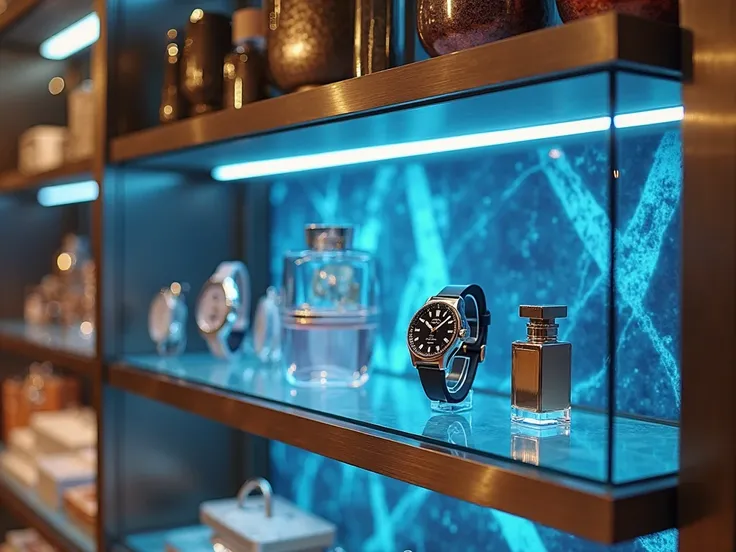 Ultra-realistic professional photograph of a luxury retail store shelf with semi-transparent OLED film overlay, shot on Sony A7R...