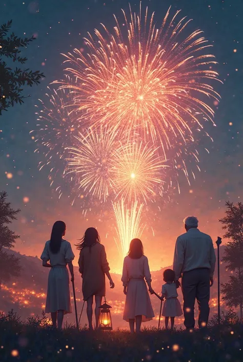 The family rejoices in the fireworks