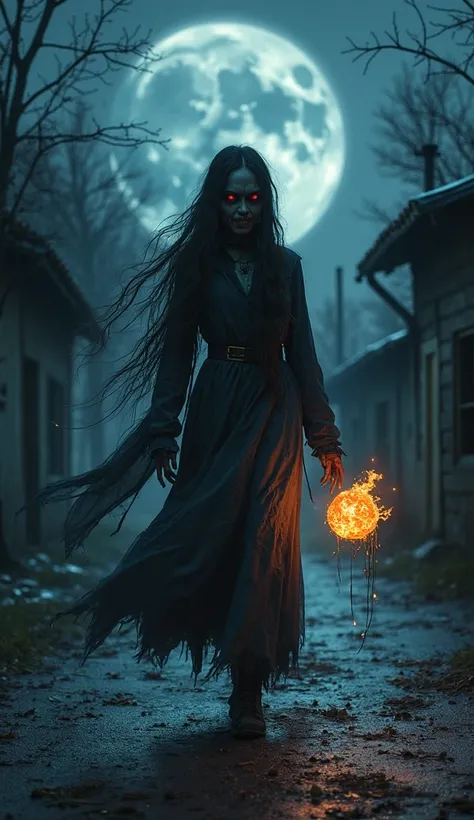 "On a dark, eerie night, a terrifying ghost girl walks slowly down a deserted village street, clutching a glowing fireball in he...