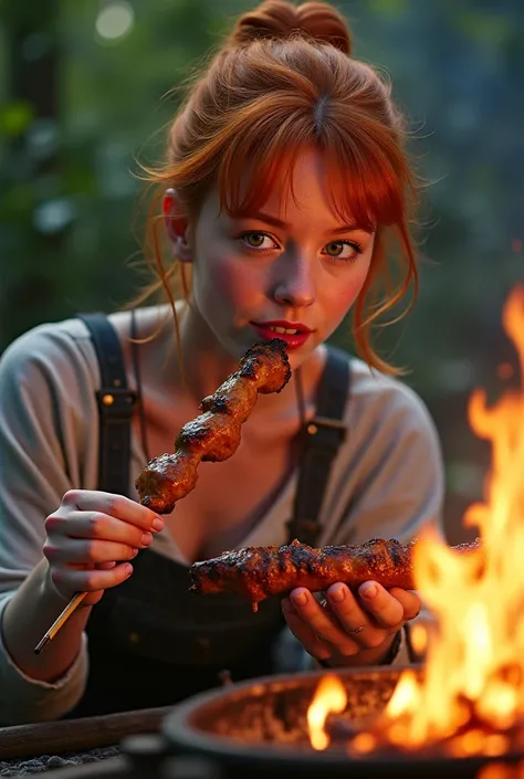realistic photo, light redhead woman, hair is buttoned in a ponytail, eats duck on a large skewer, above the fire, next to me, E...