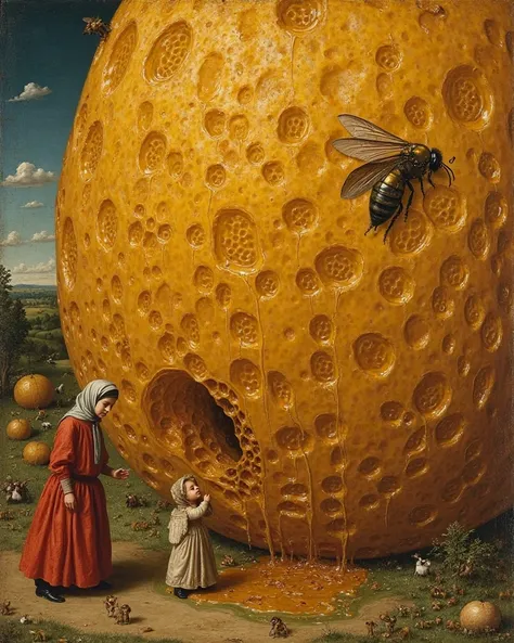 "A hyper-detailed Renaissance oil painting of a mother and , their minuscule figures walking along the curved surface of an eno...