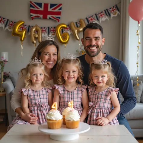 In the well-lit living room, a British family is celebrating the fourth birthday of their triplet daughters. The ren look adorab...