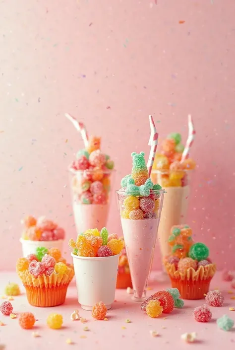 Piping bags with gummies filled in, milkshake cups filled with gummies and empty cupcake cups filled with gummies