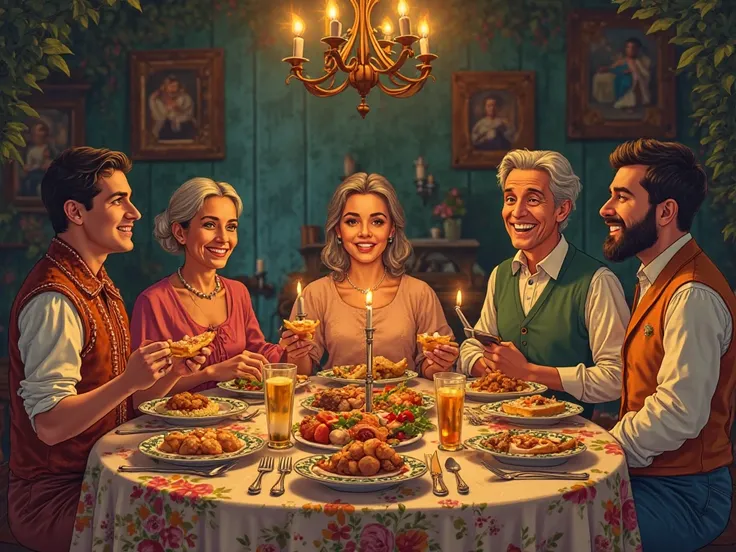 Illustrate a scene at an old table, where a family is sitting around enjoying an opulent banquet, as a family ritual. The table ...