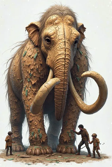 Create a design for a visually impactful costume. It represents a giant mammoth with cracked and worn skin, with some broken or ...