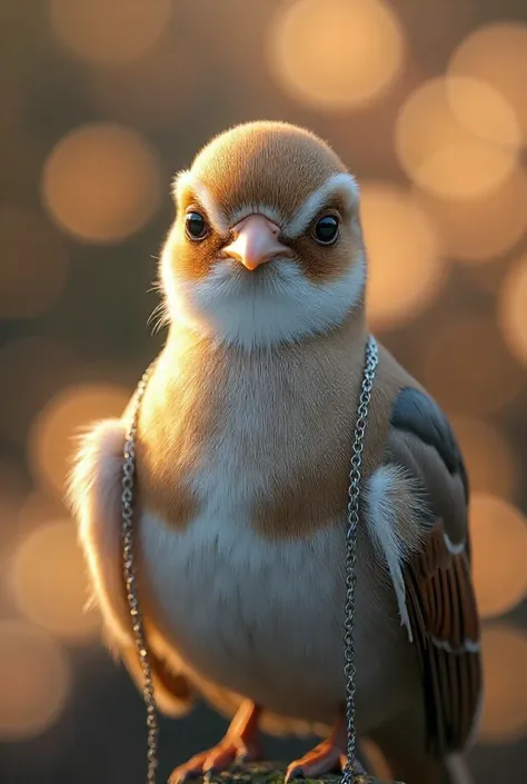 A mesmerizing portrait in the foreground of a beautiful little bird illuminated by the soft golden light of a quiet morning, wit...