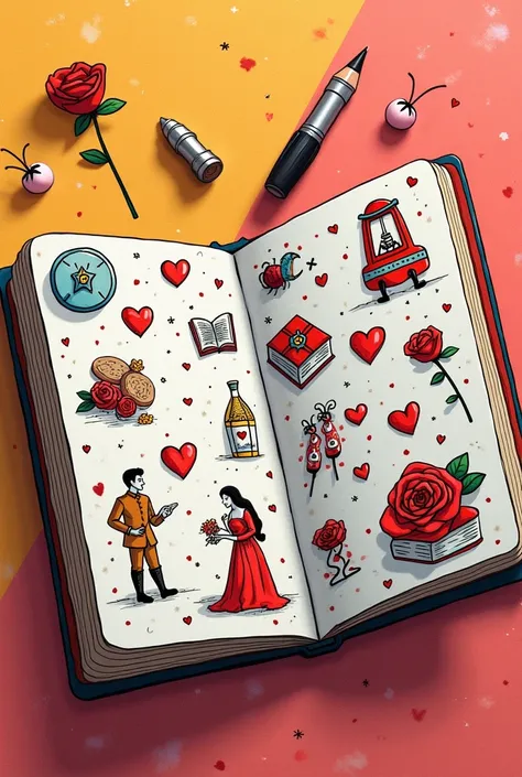 Create a Dot-sized drawing of a booklet with drawings on the theme of Sant Jordi doodle art