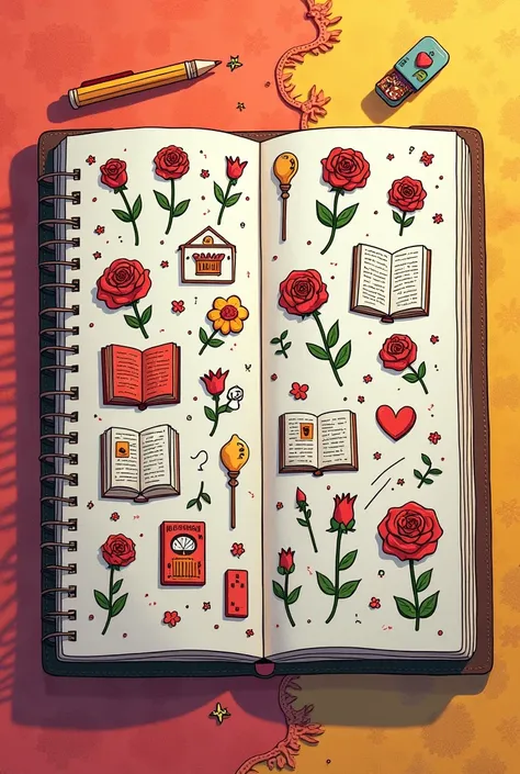 Create a Dot-sized drawing of a booklet with drawings on the theme of Sant Jordi doodle art