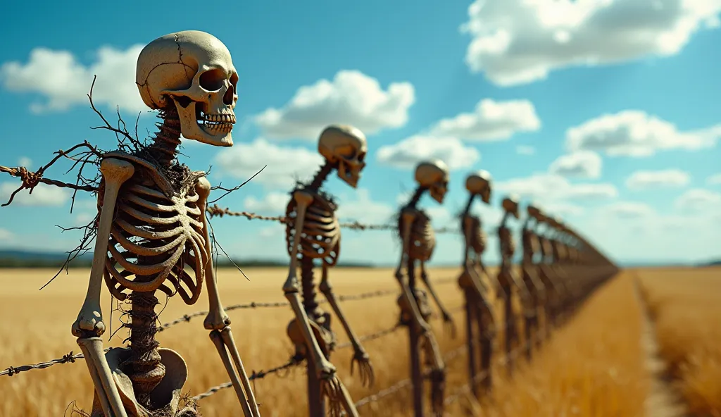 A striking scene depicting a row of skeletal figures, resembling macabre scarecrows, aligned along a barbed wire fence in a gold...