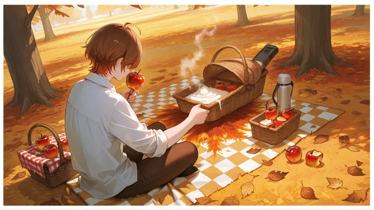 "A golden autumn afternoon in a secluded orchard - the girl sits atop a checkered picnic blanket, she holds up a caramel apple ...