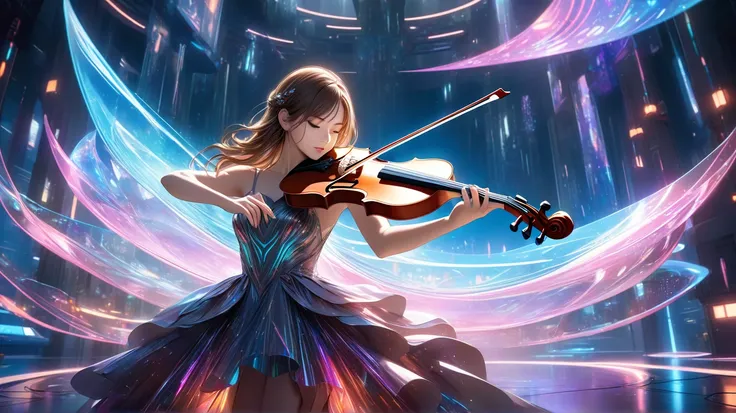 A young, beautiful violinist with long, flowing brown hair plays a futuristic, glowing violin made of transparent, holographic m...