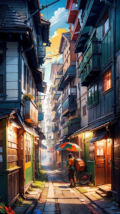 A street knife sharpener in the foreground, dressed in tropical clothes and bright colors of green, orange, red, and blue, woode...