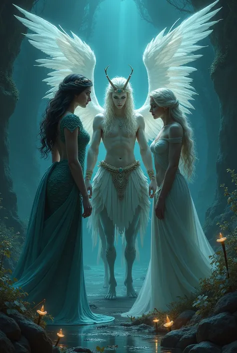 Generate a photo of a mermaid, a centaur and an angel together in dark fantasy style