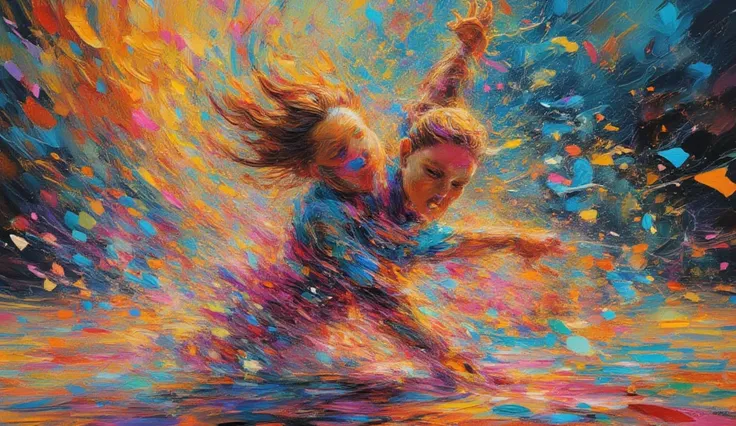 action painting, fantasy, Olimpic gynastic, floor, girl, impressionist, jump with swirl, beautifull, primary colors: sharp focus...