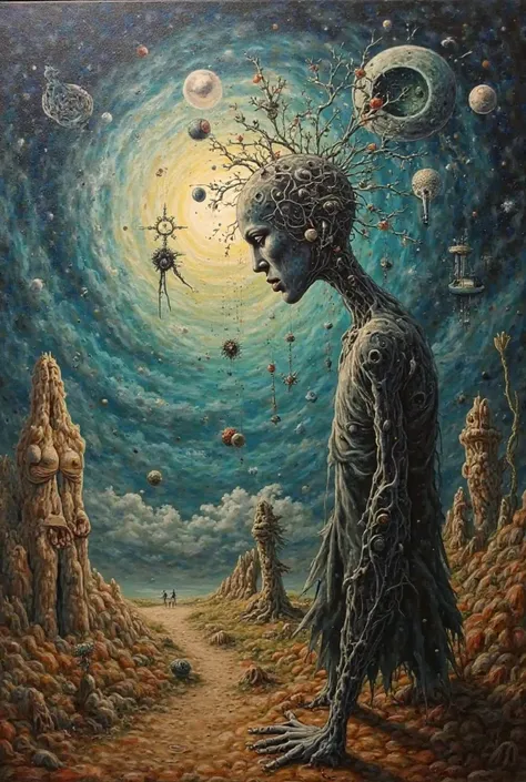 Um quadro, Salvador Dali style, that is poetic and reflective, that portrays elements of psychoanalysis as language, unconscious...