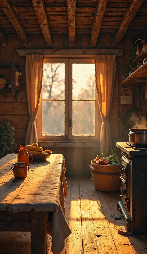 Rustic rural kitchen late afternoon, warm orange and golden sunlight streaming through a wooden window with chipped frame, long ...