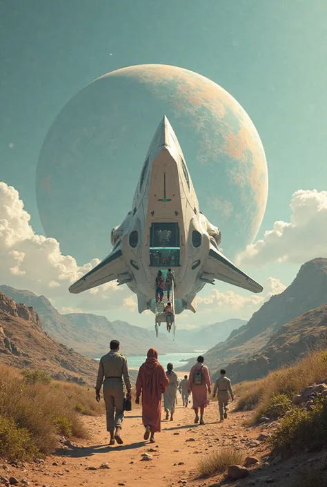 Star Migration、people are descending from a spaceship that has landed on another planet similar to Earth、Small airport