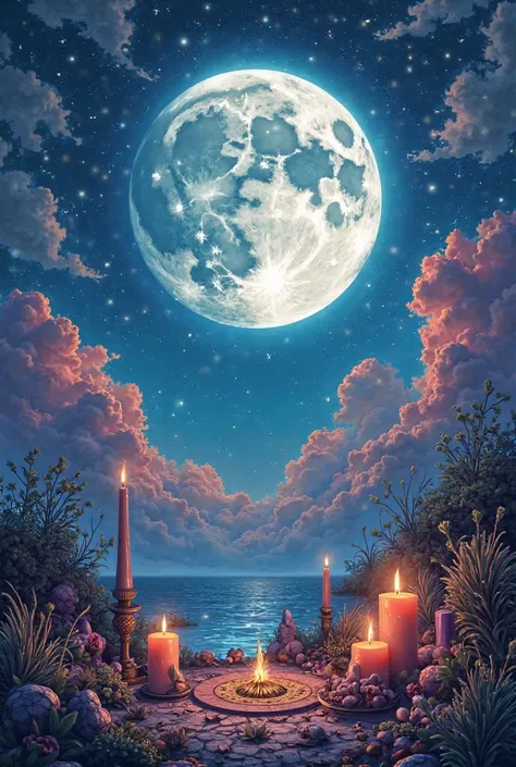 starry night with a moon surrounded by witchcraft and santeria things and bright clouds nearby