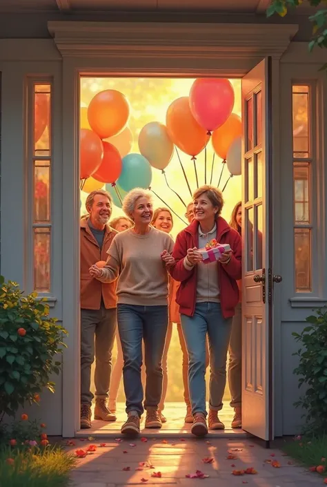 The door of the house opens and the uncles and aunts enter smiling, bringing balloons and colorful gifts.