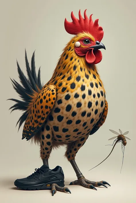 Create a chicken-bodied leopard wearing a black Nike sneaker with small mosquito wings
