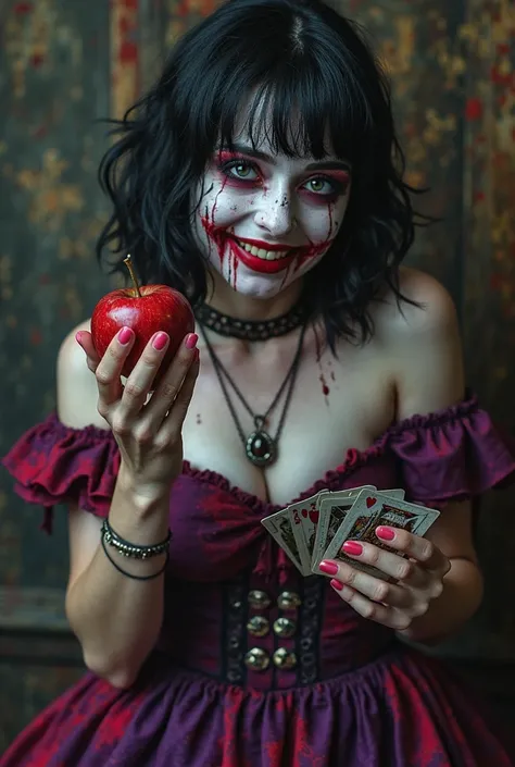 "An enigmatic figure emerges from a distorted fairytale. Her face is pale as porcelain, with black-shaded eyes and a manic red s...