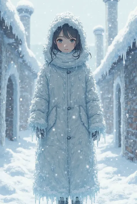 A girl wearing a thick coat grows icicles all over her body against the background of a group of frozen white buildings and free...