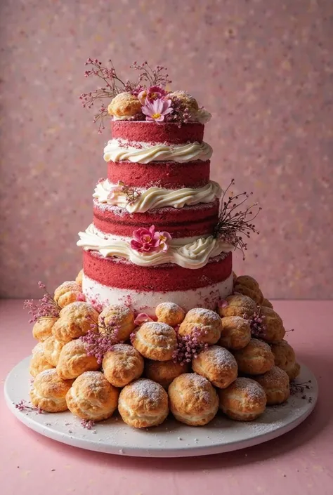 Give me an idea in image of how to present a Red Velvet cake with Italian profiteroles and cannolis all integrated