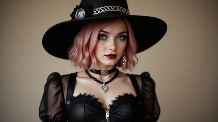A portrait of Avelane dressed in a gothic or steampunk style. Avelane wears a wide-brimmed black hat adorned with a silver flowe...