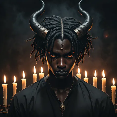 demonic horns on black man's head, african man's hair short, atmospheric, candles, dark atmosphere