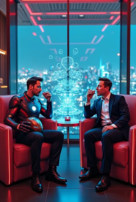 A high-end, futuristic lounge with a breathtaking city skyline visible through the glass walls. Tony Stark and Elon Musk sit in ...